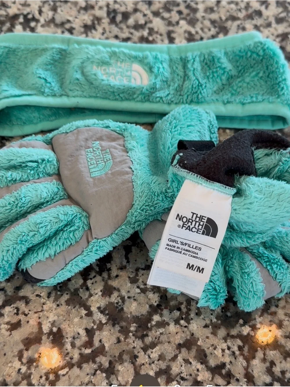 The North Face Girls Teal Fleece Gloves and Headband Set